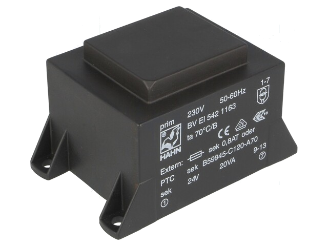 Transformator: ingegoten; 20VA; 230VAC; 24V; 834mA; PCB; BVEI Transformator: ingegoten; 20VA; 230VAC; 24V; 834mA; PCB; BVEI